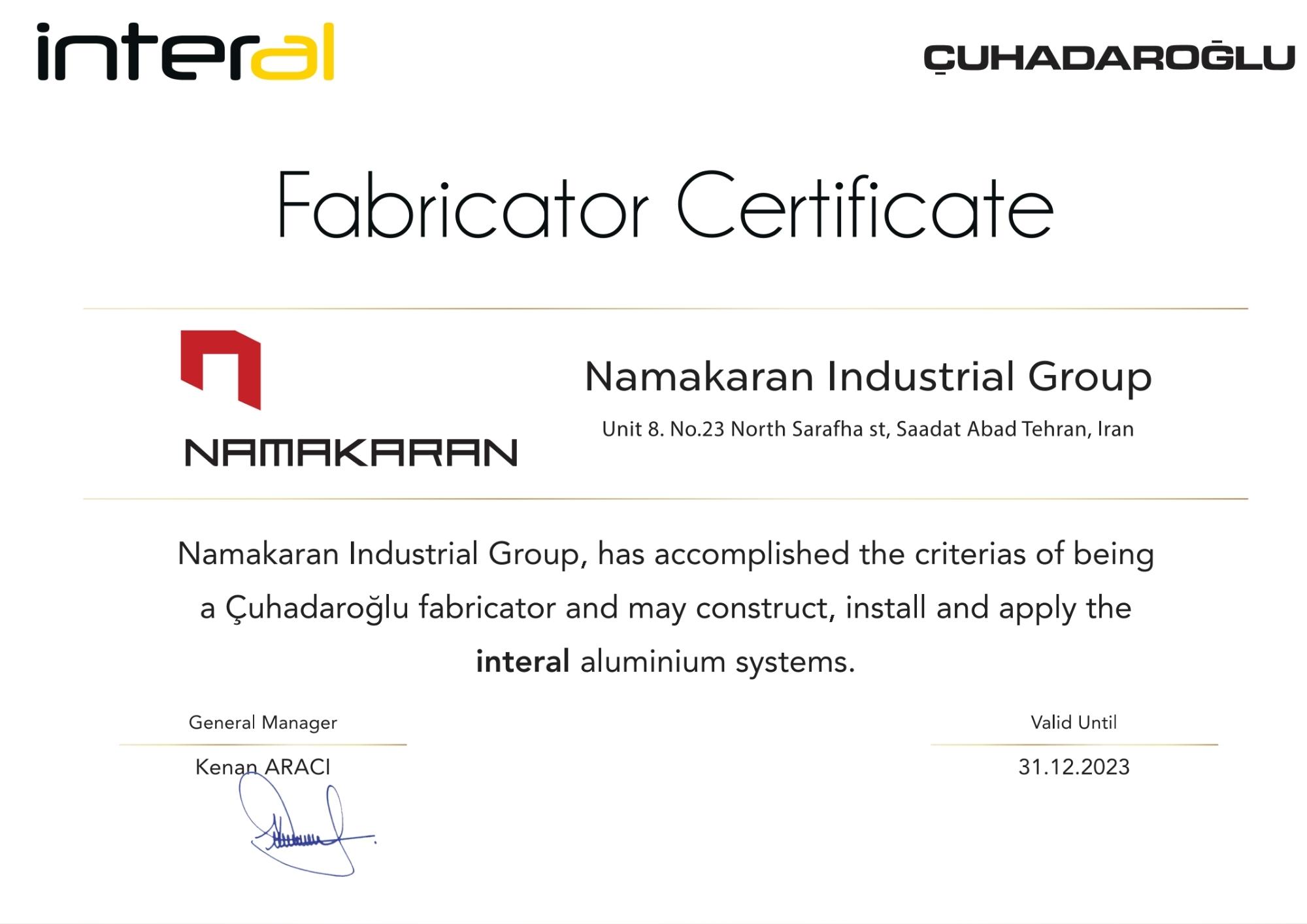 Namakaran Fabricator Certificate
