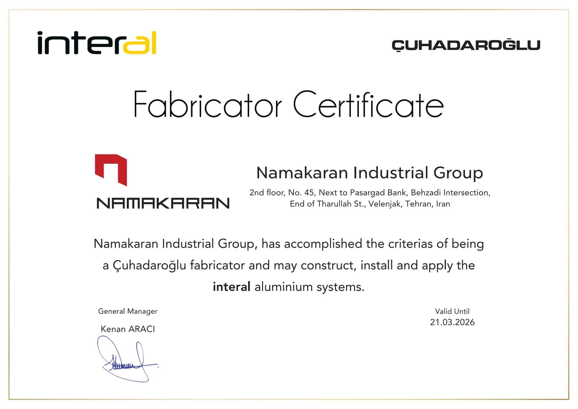 Namakaran Fabricator Certificate